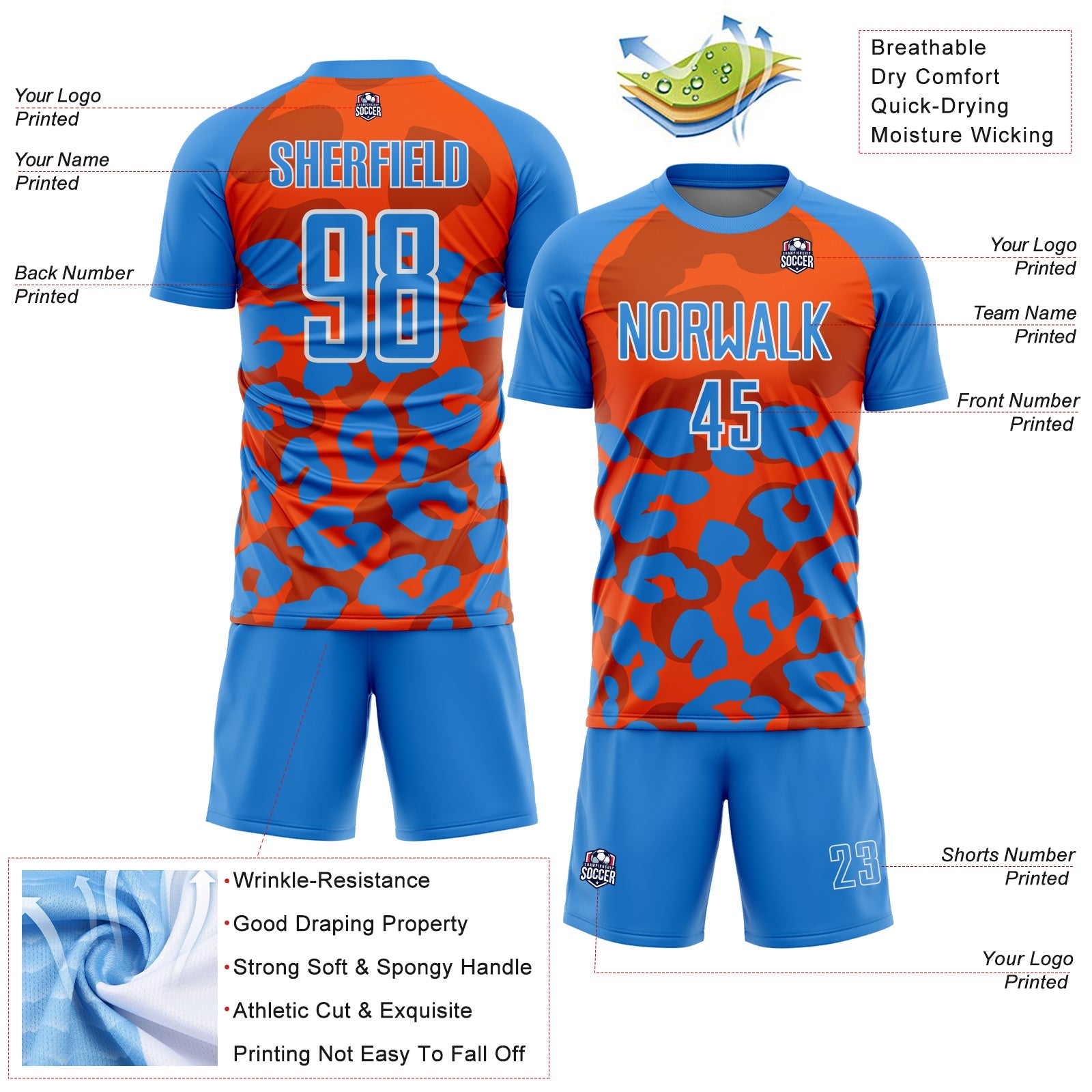 Custom Powder Blue Orange-White Animal Leopard Print Sports Sublimation Soccer Uniform Jersey view 4