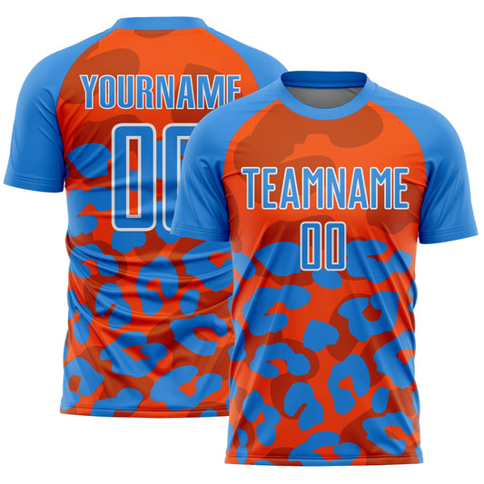 Custom Powder Blue Orange-White Animal Leopard Print Sports Sublimation Soccer Uniform Jersey - Main View