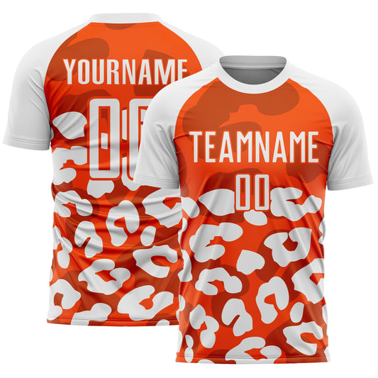Custom White Orange Animal Leopard Print Sports Sublimation Soccer Uniform Jersey - Main View
