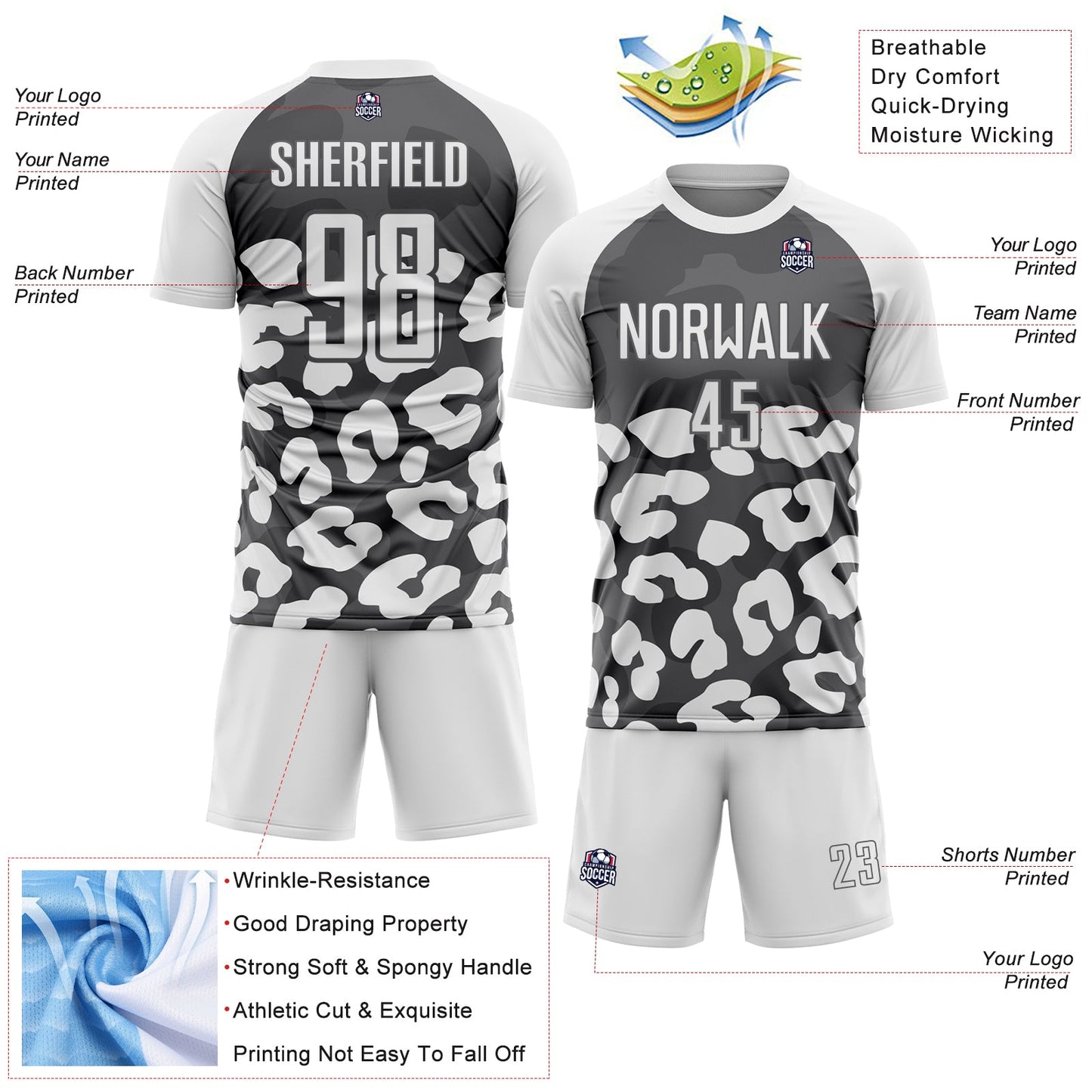 Custom White Steel Gray Animal Leopard Print Sports Sublimation Soccer Uniform Jersey view 4