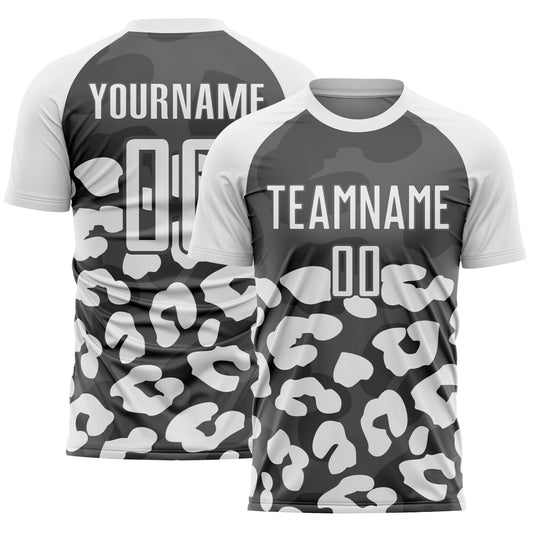 Custom White Steel Gray Animal Leopard Print Sports Sublimation Soccer Uniform Jersey - Main View