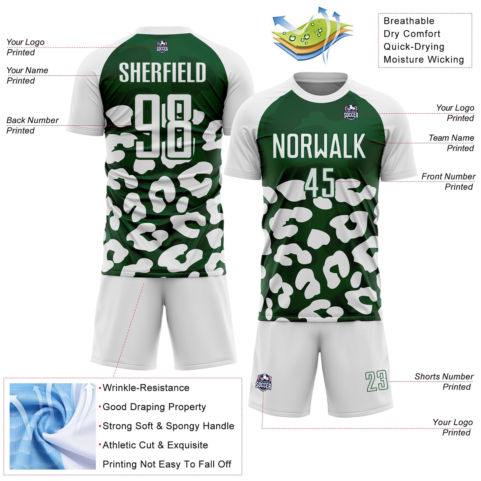 Custom White Green Animal Leopard Print Sports Sublimation Soccer Uniform Jersey view 4