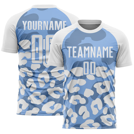 Custom White Light Blue Animal Leopard Print Sports Sublimation Soccer Uniform Jersey - Main View