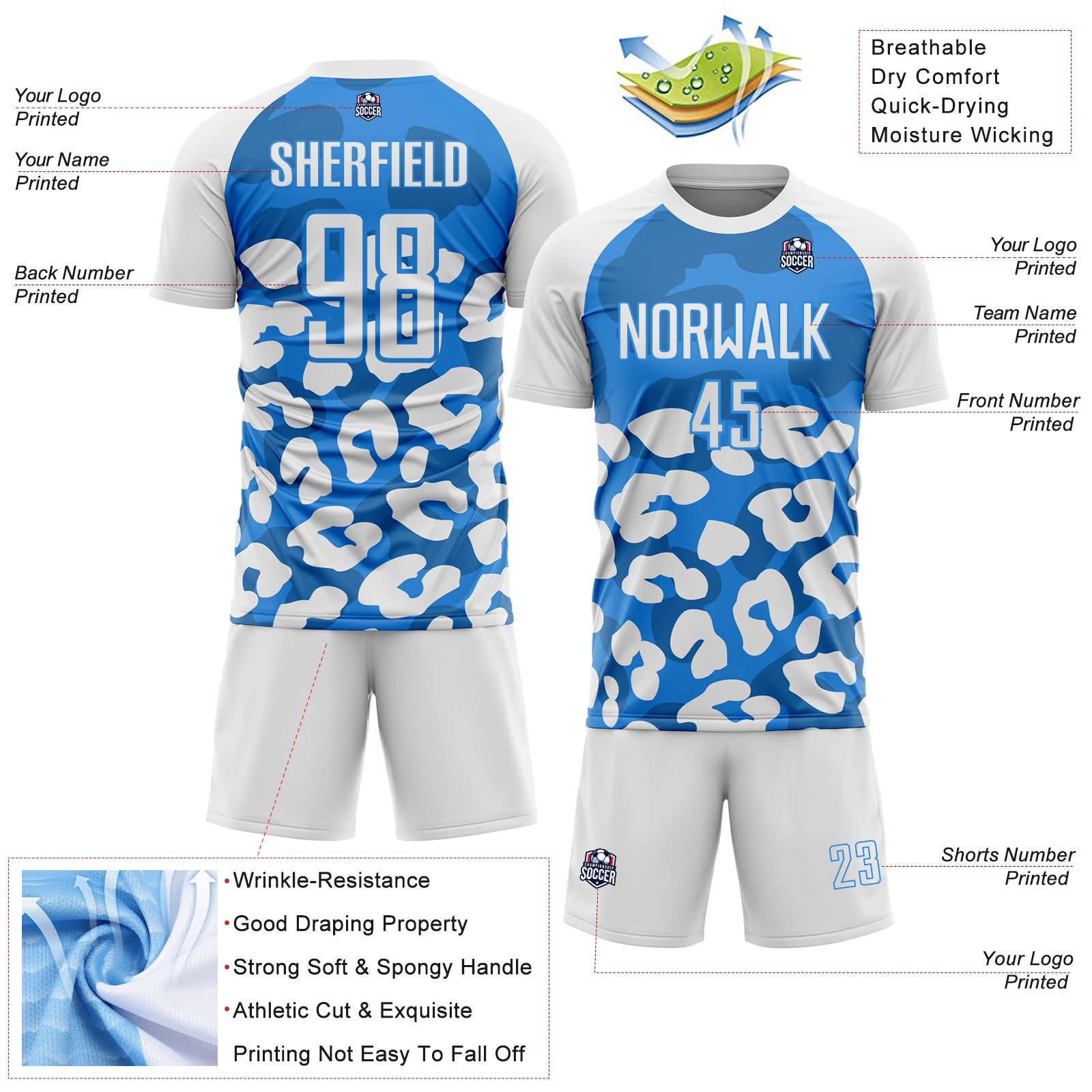 Custom White Powder Blue Animal Leopard Print Sports Sublimation Soccer Uniform Jersey view 4