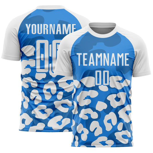Custom White Powder Blue Animal Leopard Print Sports Sublimation Soccer Uniform Jersey - Main View