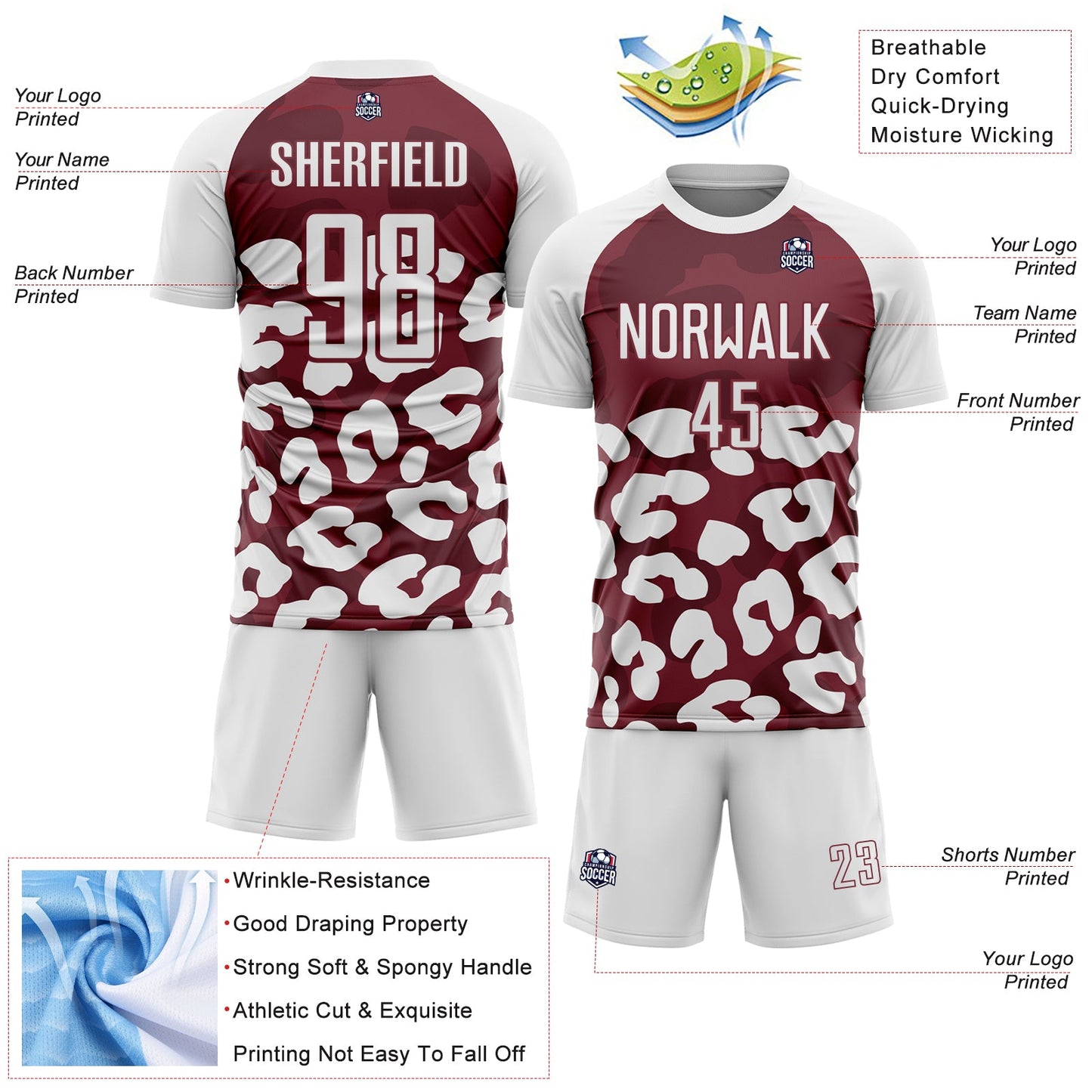 Custom White Burgundy Animal Leopard Print Sports Sublimation Soccer Uniform Jersey view 4