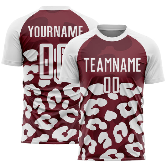 Custom White Burgundy Animal Leopard Print Sports Sublimation Soccer Uniform Jersey - Main View