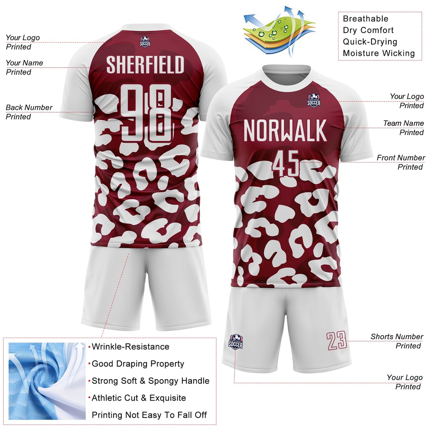Custom White Crimson Animal Leopard Print Sports Sublimation Soccer Uniform Jersey view 4