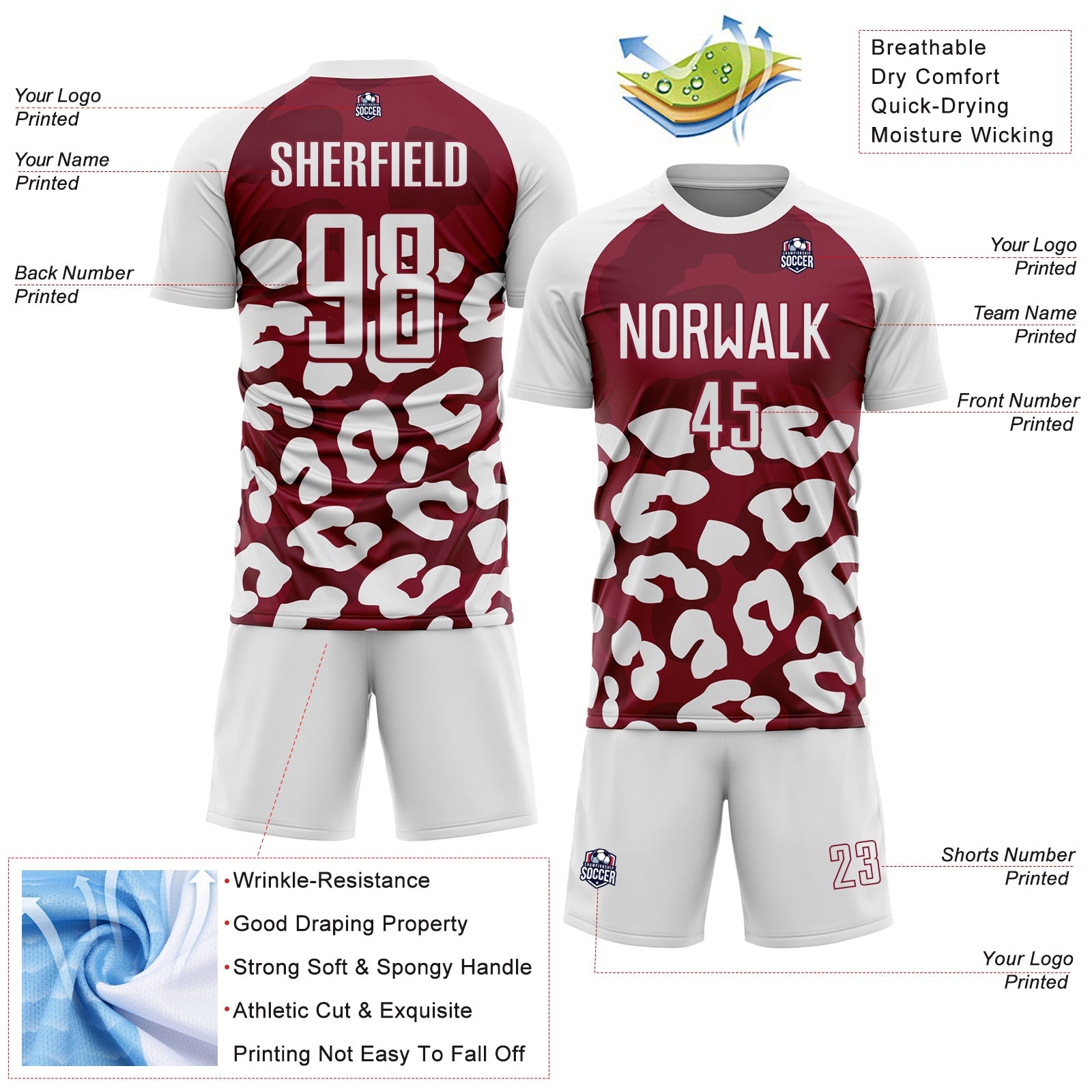 Custom White Crimson Animal Leopard Print Sports Sublimation Soccer Uniform Jersey view 4