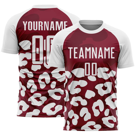 Custom White Crimson Animal Leopard Print Sports Sublimation Soccer Uniform Jersey - Main View