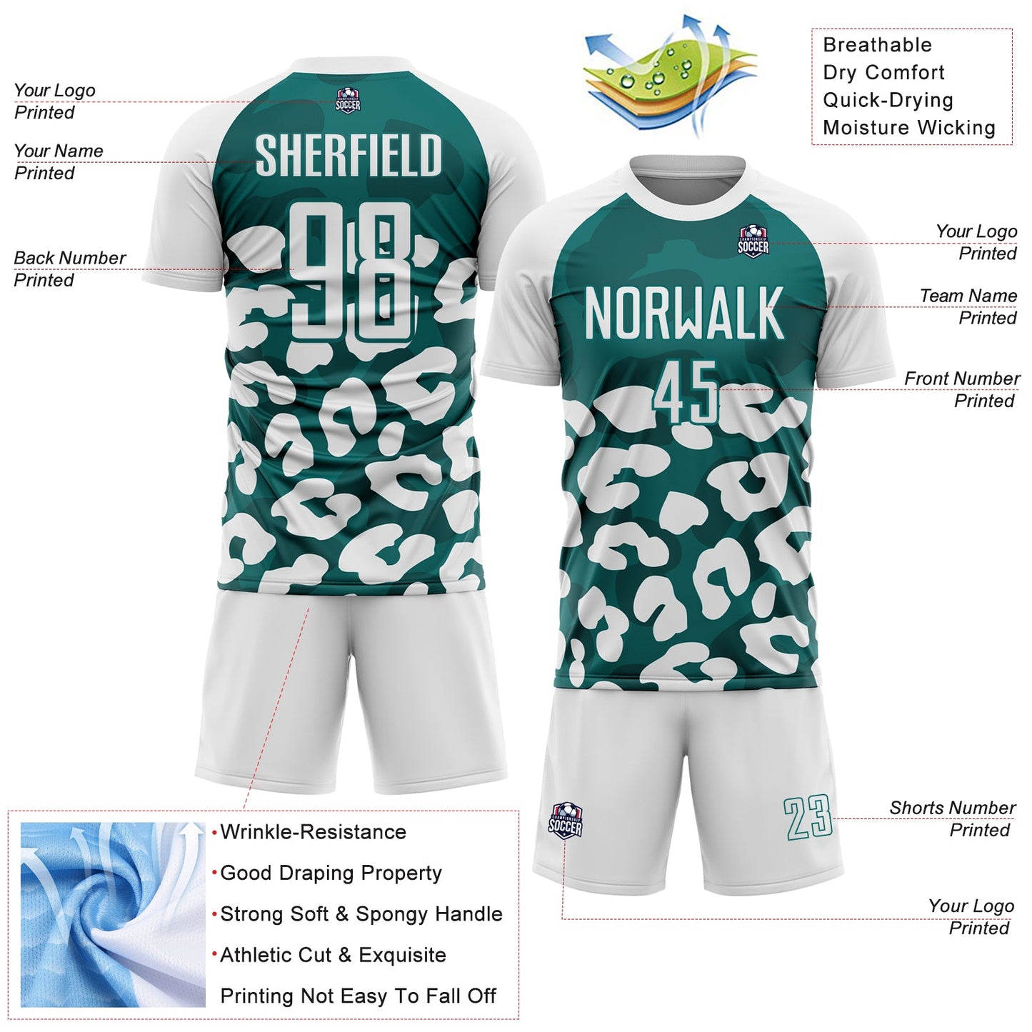Custom White Teal Animal Leopard Print Sports Sublimation Soccer Uniform Jersey view 4