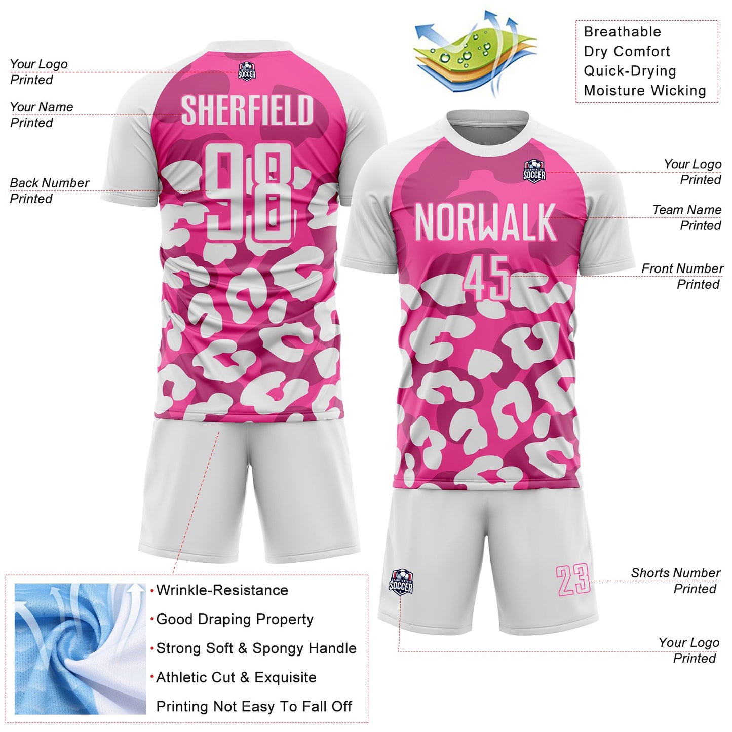 Custom White Pink Animal Leopard Print Sports Sublimation Soccer Uniform Jersey view 4
