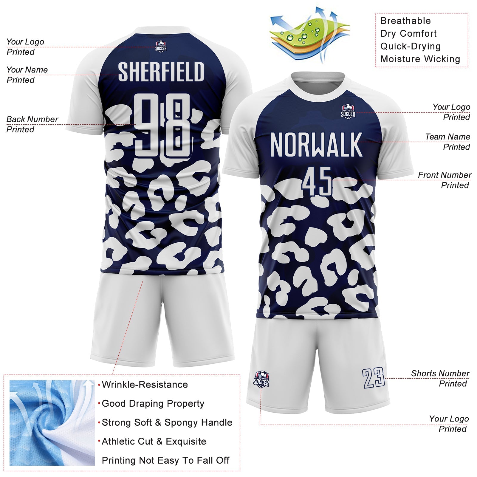 Custom White Navy Animal Leopard Print Sports Sublimation Soccer Uniform Jersey view 4