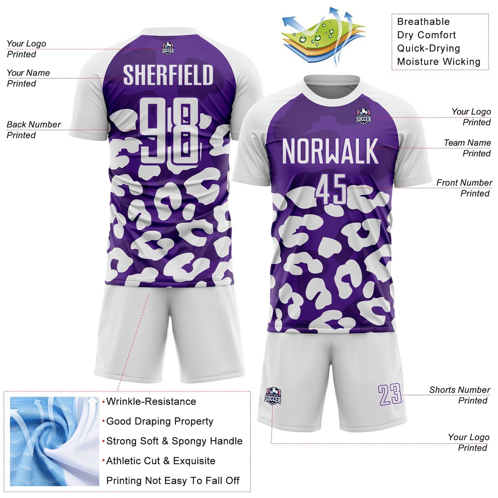 Custom White Purple Animal Leopard Print Sports Sublimation Soccer Uniform Jersey view 4