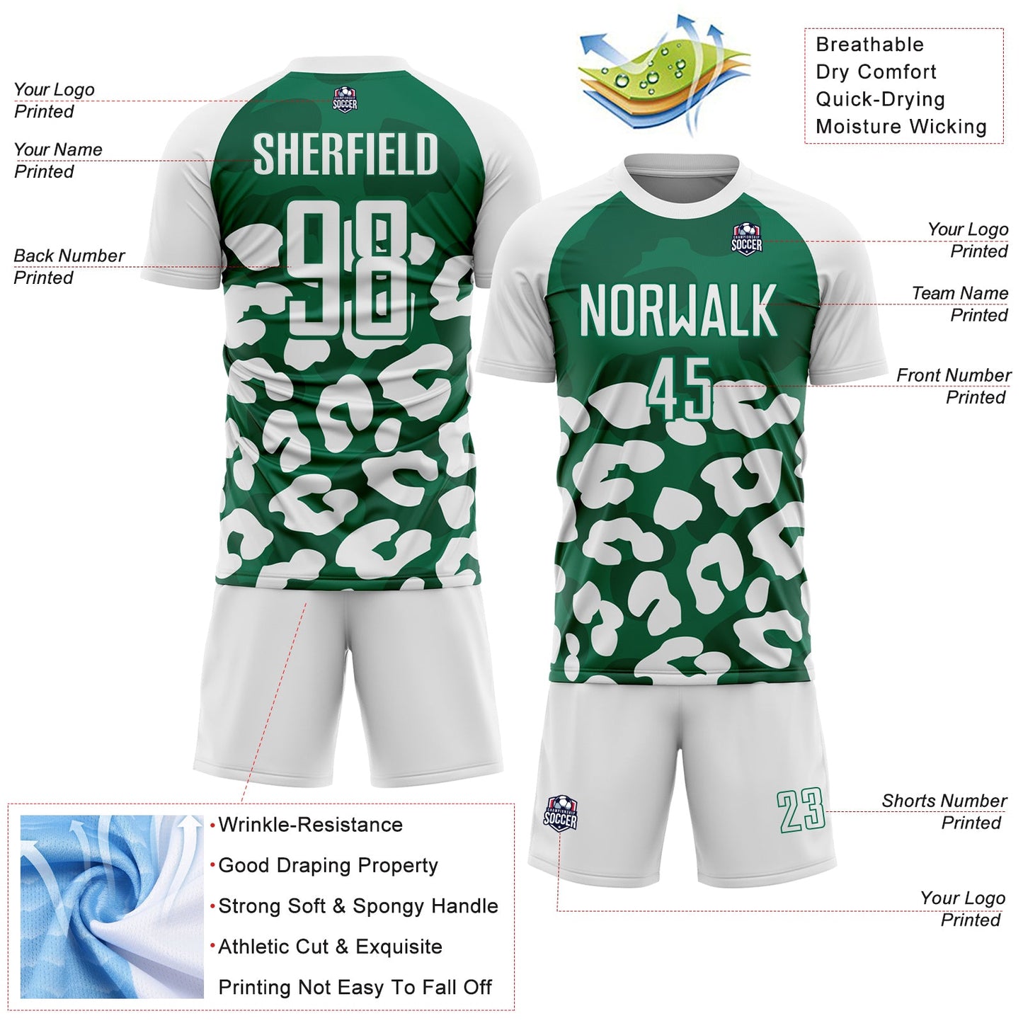 Custom White Kelly Green Animal Leopard Print Sports Sublimation Soccer Uniform Jersey view 4