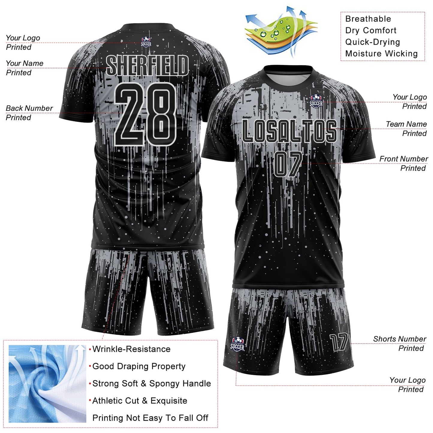 Custom Black Gray-White Dripping Splatte Pattern Sports Sublimation Soccer Uniform Jersey view 4