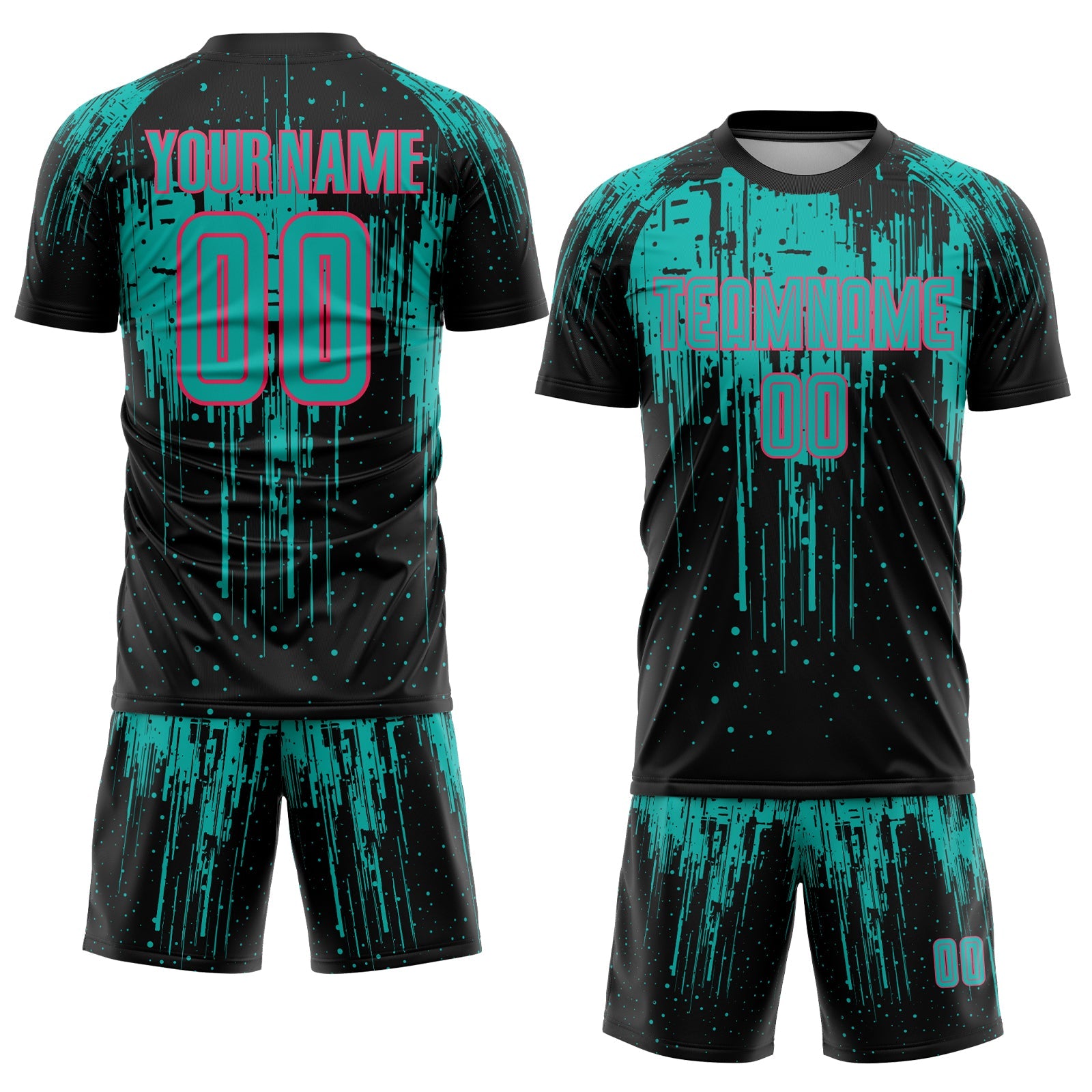 Custom Black Aqua-Neon Pink Dripping Splatte Pattern Sports Sublimation Soccer Uniform Jersey view 2