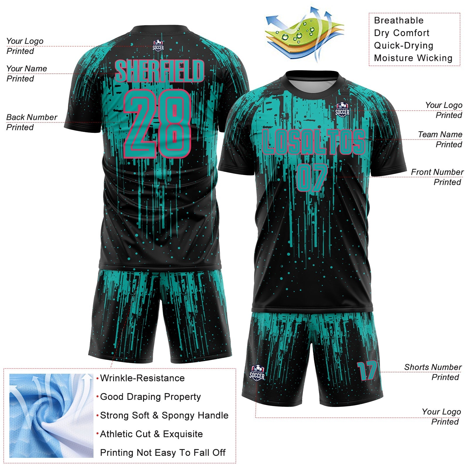 Custom Black Aqua-Neon Pink Dripping Splatte Pattern Sports Sublimation Soccer Uniform Jersey view 4