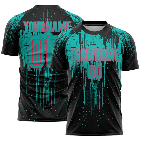 Custom Black Aqua-Neon Pink Dripping Splatte Pattern Sports Sublimation Soccer Uniform Jersey - Main View