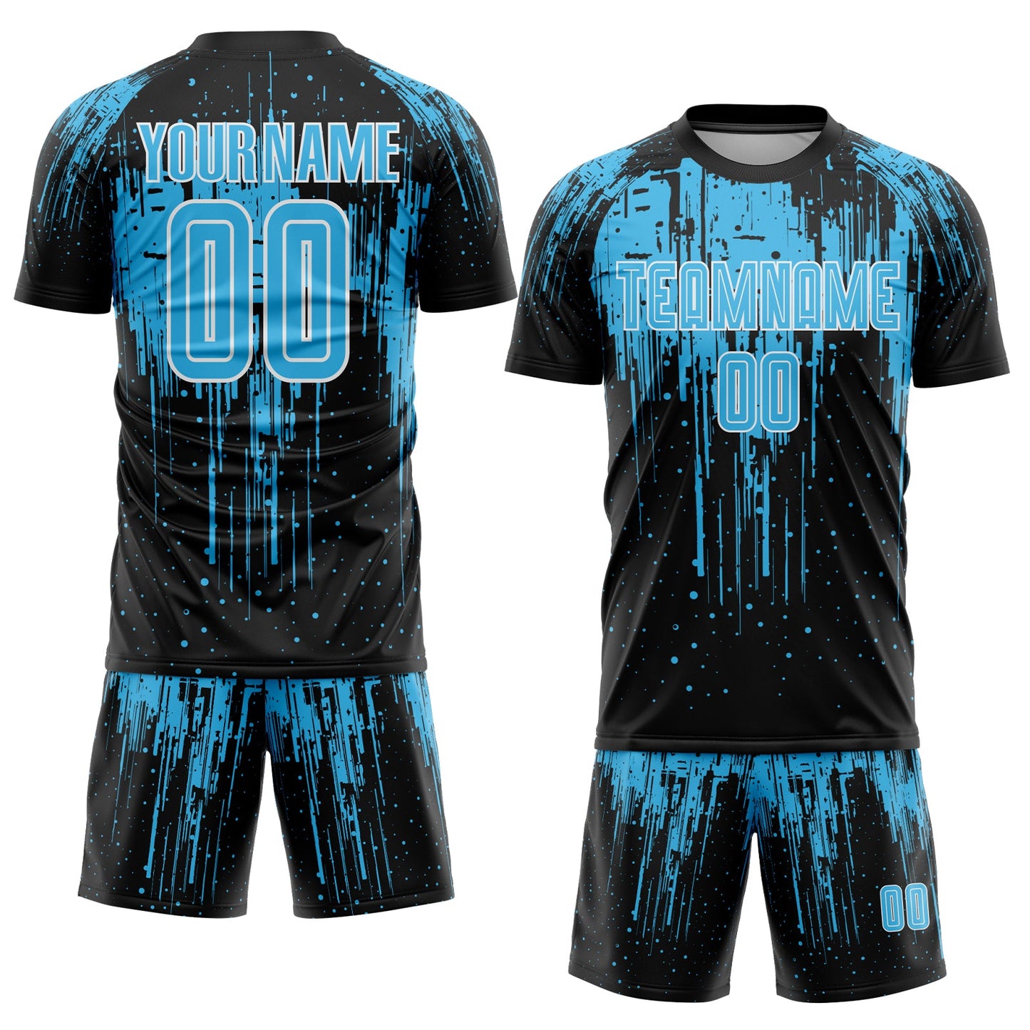 Custom Black Sky Blue-White Dripping Splatte Pattern Sports Sublimation Soccer Uniform Jersey view 2