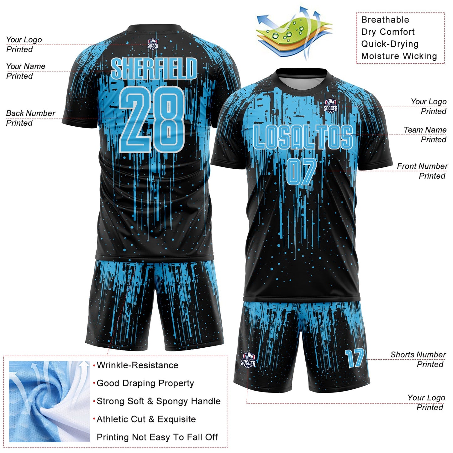 Custom Black Sky Blue-White Dripping Splatte Pattern Sports Sublimation Soccer Uniform Jersey view 4