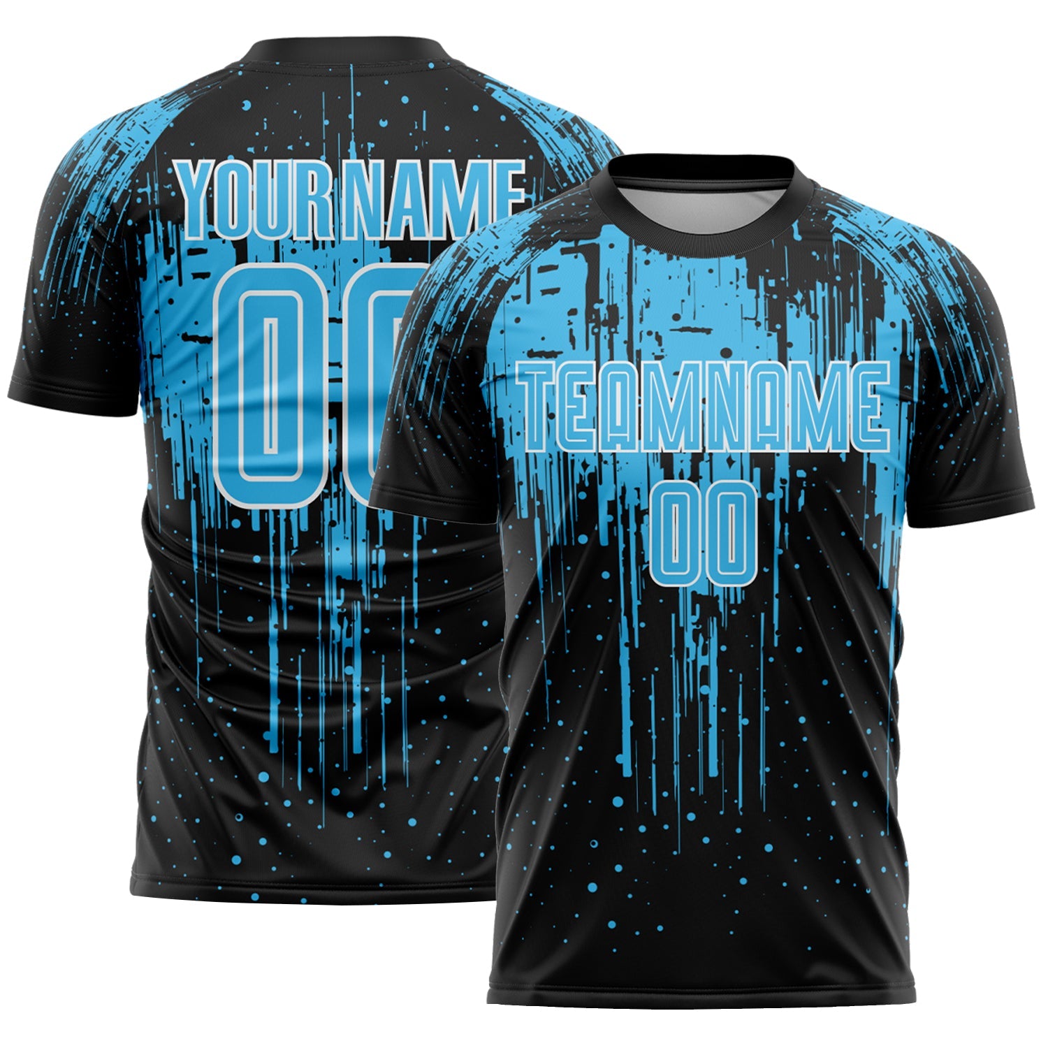 Custom Black Sky Blue-White Dripping Splatte Pattern Sports Sublimation Soccer Uniform Jersey - Main View