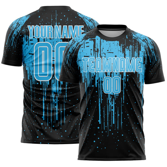 Custom Black Sky Blue-White Dripping Splatte Pattern Sports Sublimation Soccer Uniform Jersey - Main View