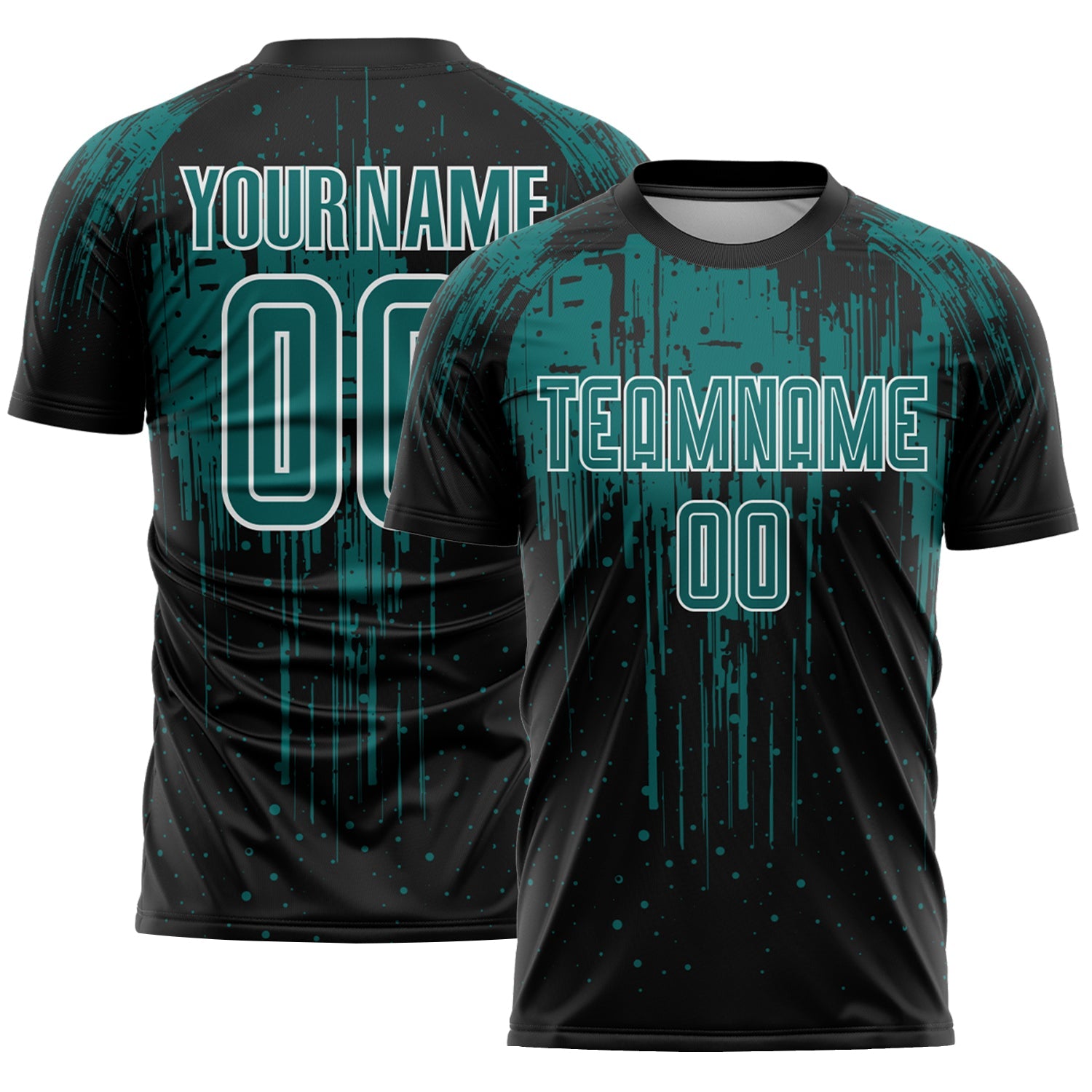 Custom Black Teal-White Dripping Splatte Pattern Sports Sublimation Soccer Uniform Jersey - Main View