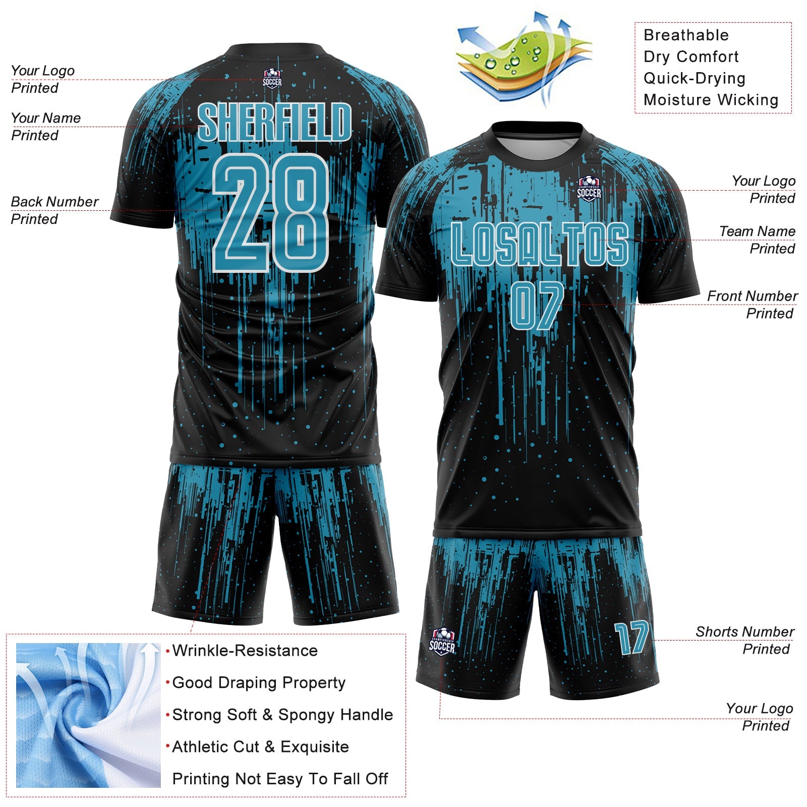 Custom Black Panther Blue-White Dripping Splatte Pattern Sports Sublimation Soccer Uniform Jersey view 4
