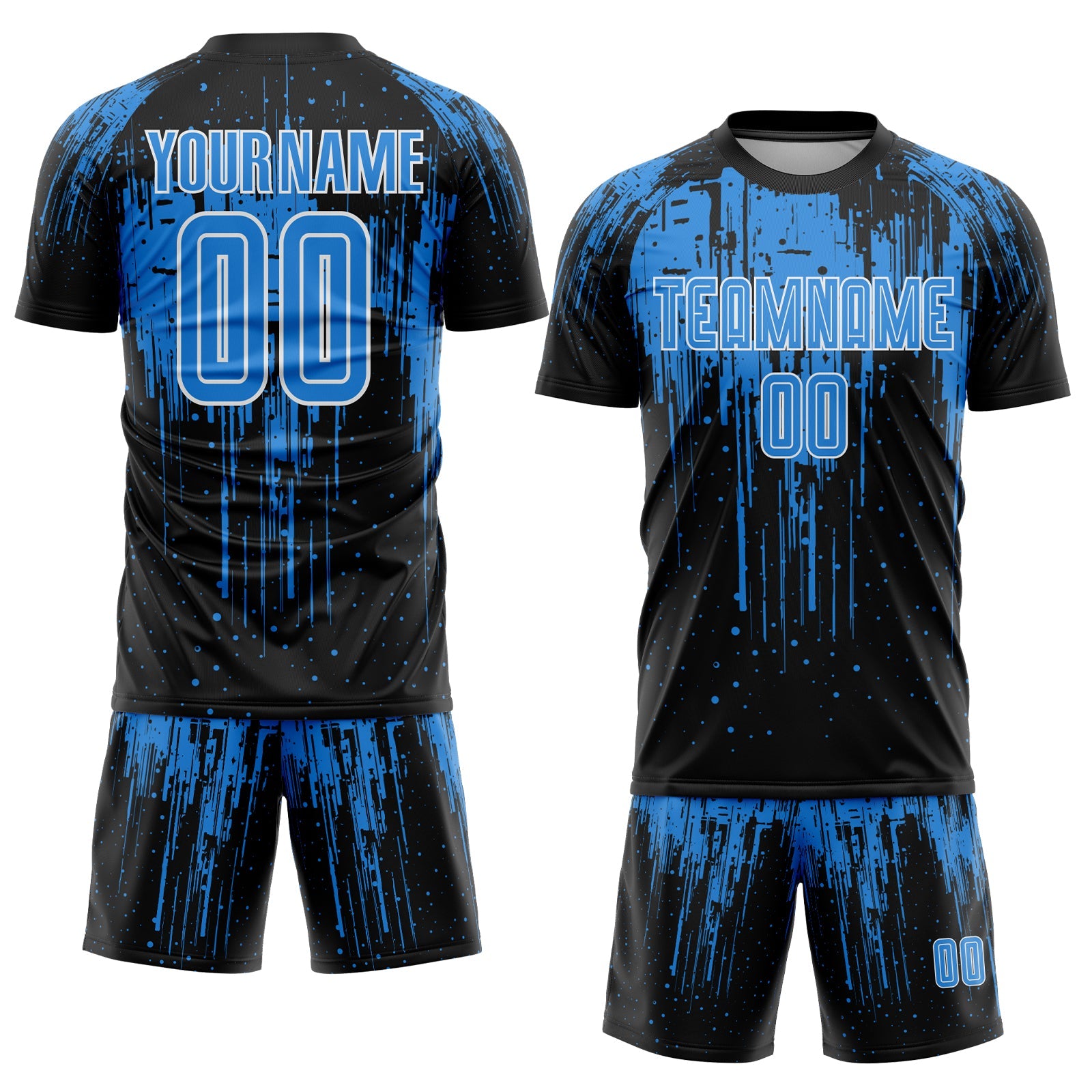 Custom Black Powder Blue-White Dripping Splatte Pattern Sports Sublimation Soccer Uniform Jersey view 2