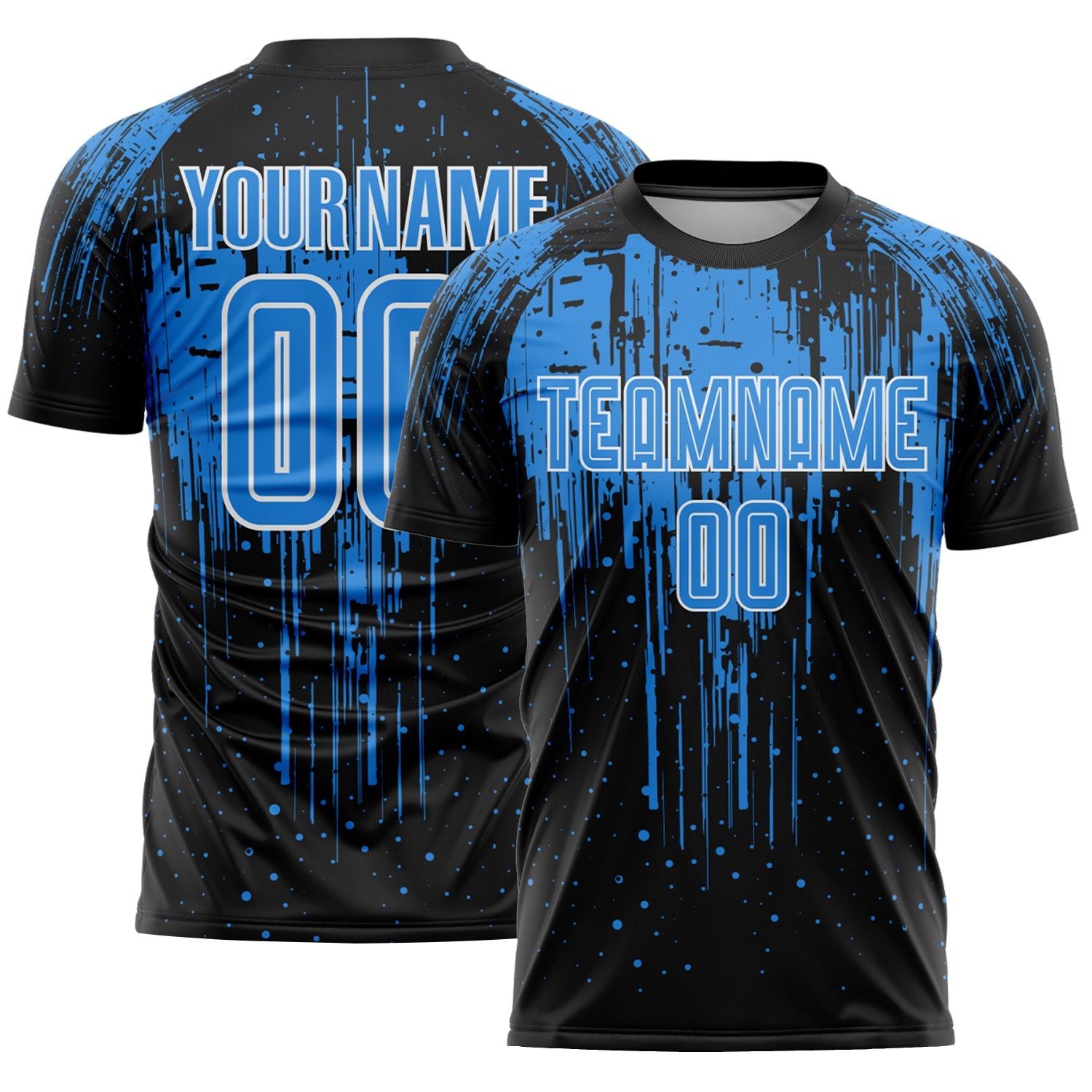 Custom Black Powder Blue-White Dripping Splatte Pattern Sports Sublimation Soccer Uniform Jersey - Main View