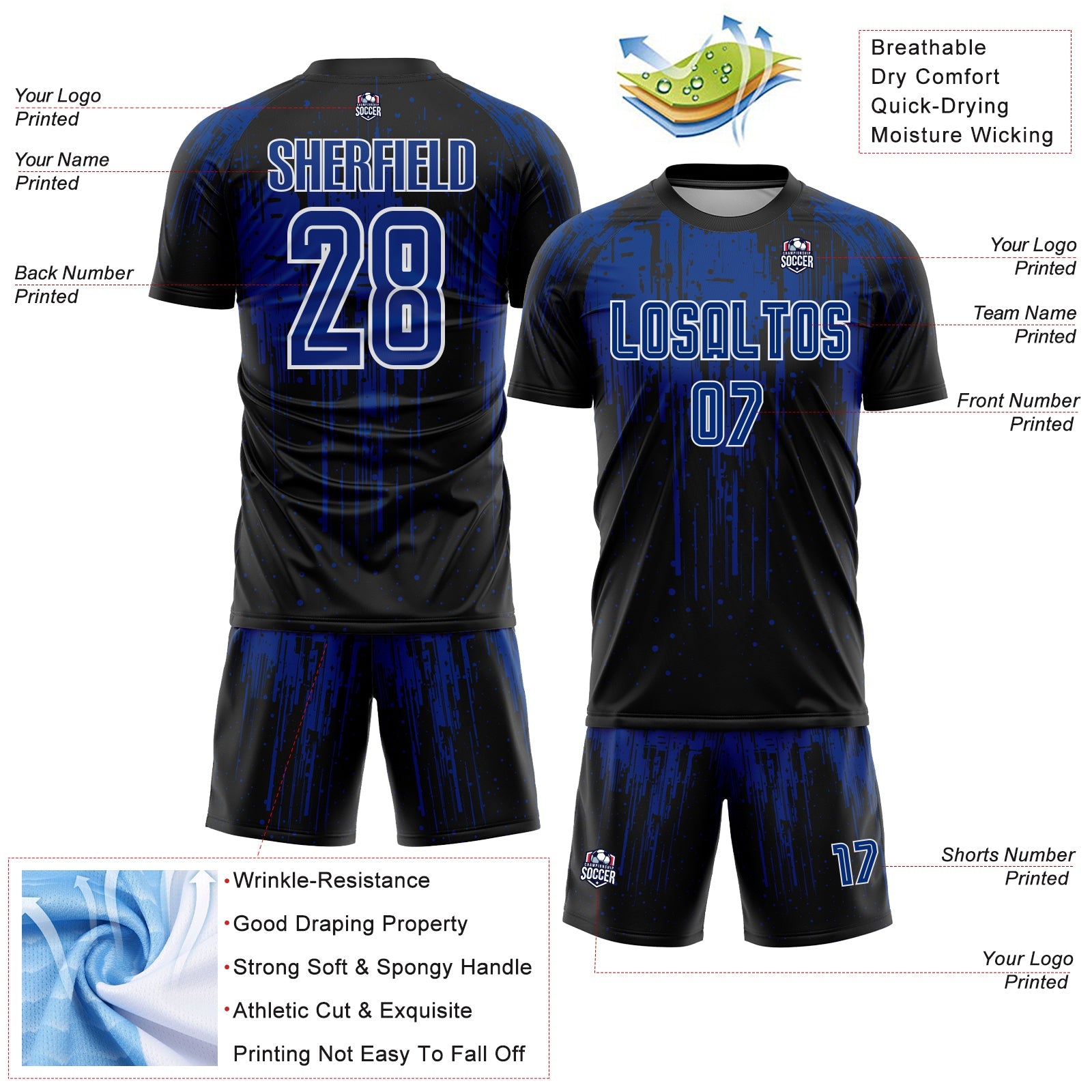 Custom Black Royal-White Dripping Splatte Pattern Sports Sublimation Soccer Uniform Jersey view 4