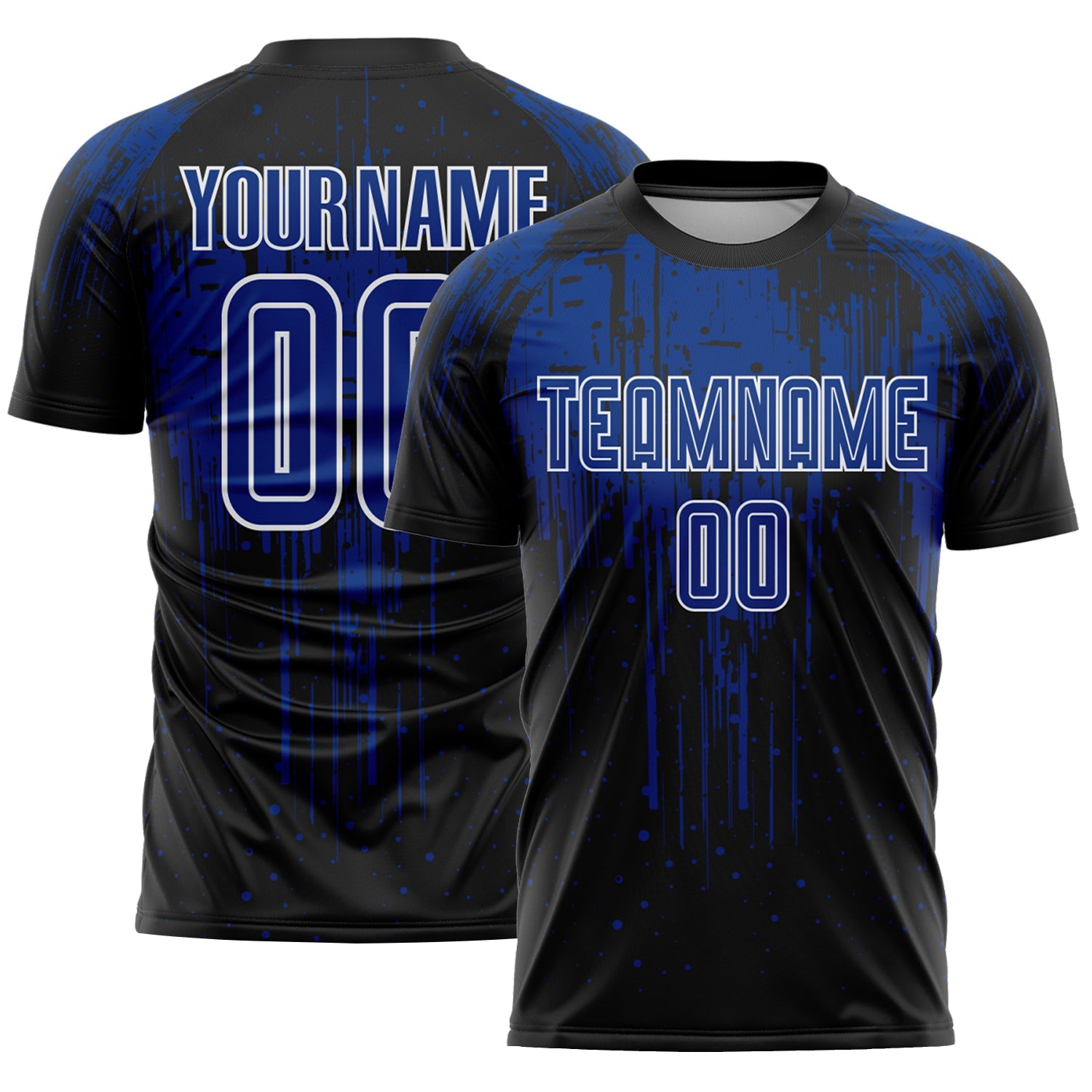 Custom Black Royal-White Dripping Splatte Pattern Sports Sublimation Soccer Uniform Jersey - Main View