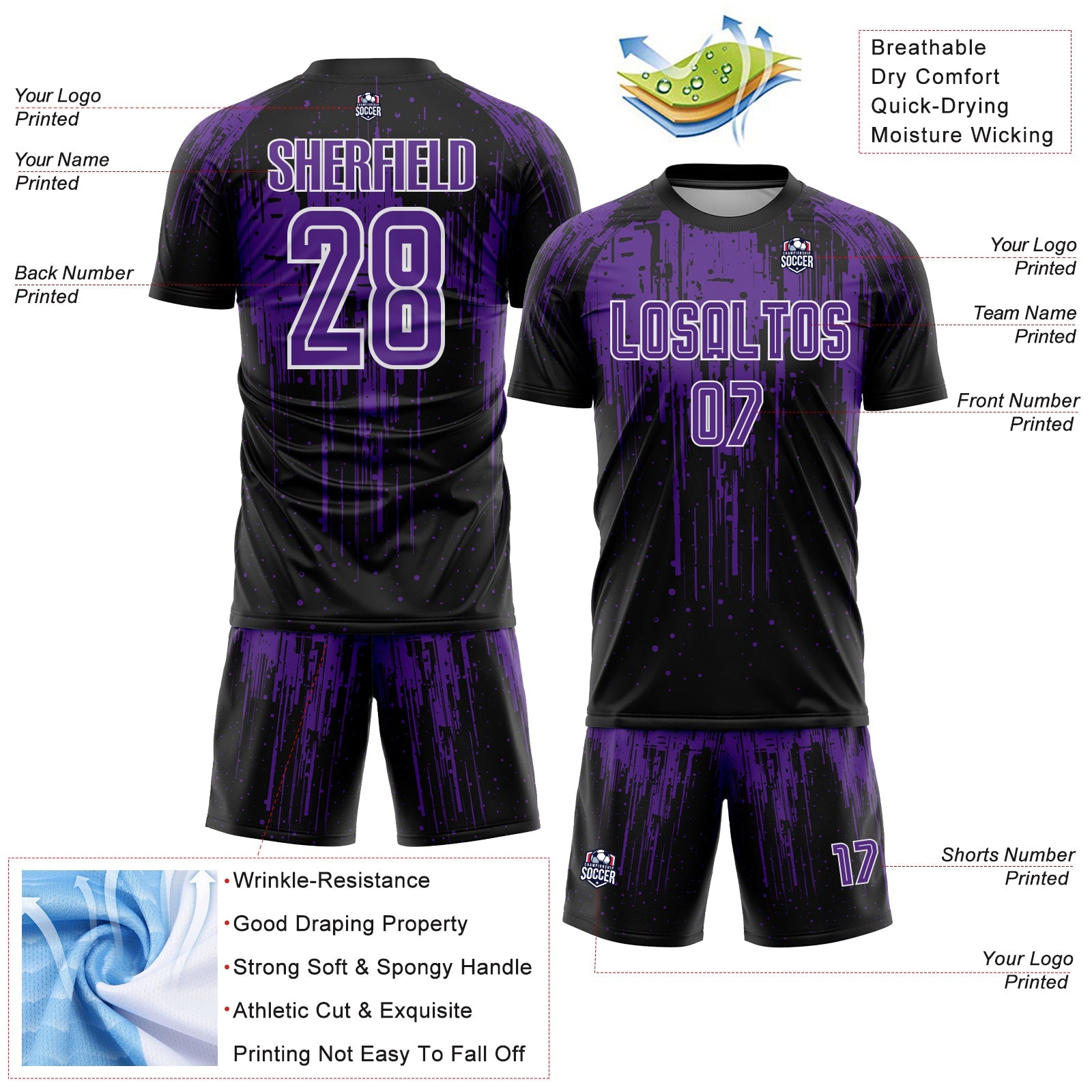Custom Black Purple-White Dripping Splatte Pattern Sports Sublimation Soccer Uniform Jersey view 4