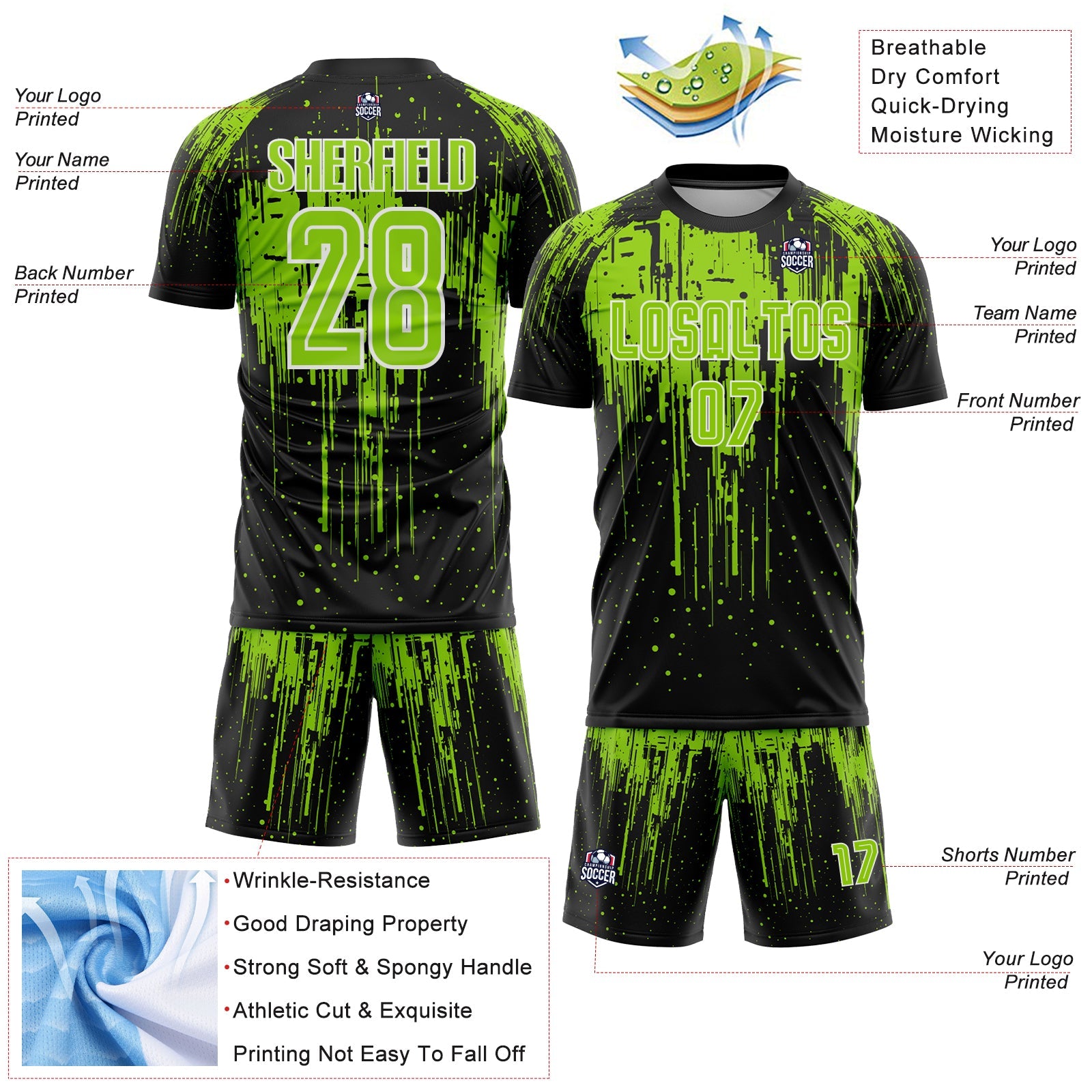 Custom Black Neon Green-White Dripping Splatte Pattern Sports Sublimation Soccer Uniform Jersey view 4