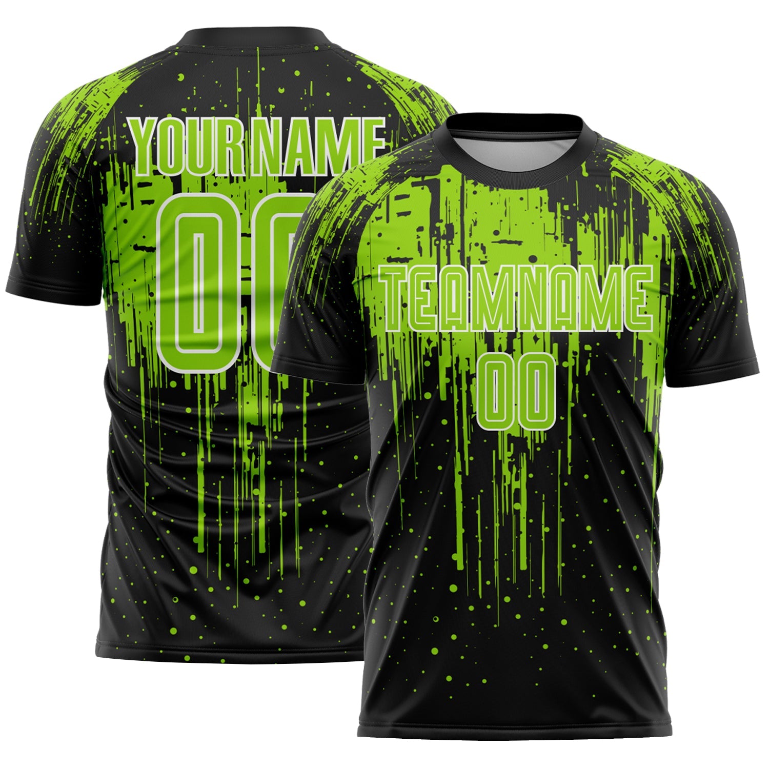 Custom Black Neon Green-White Dripping Splatte Pattern Sports Sublimation Soccer Uniform Jersey - Main View