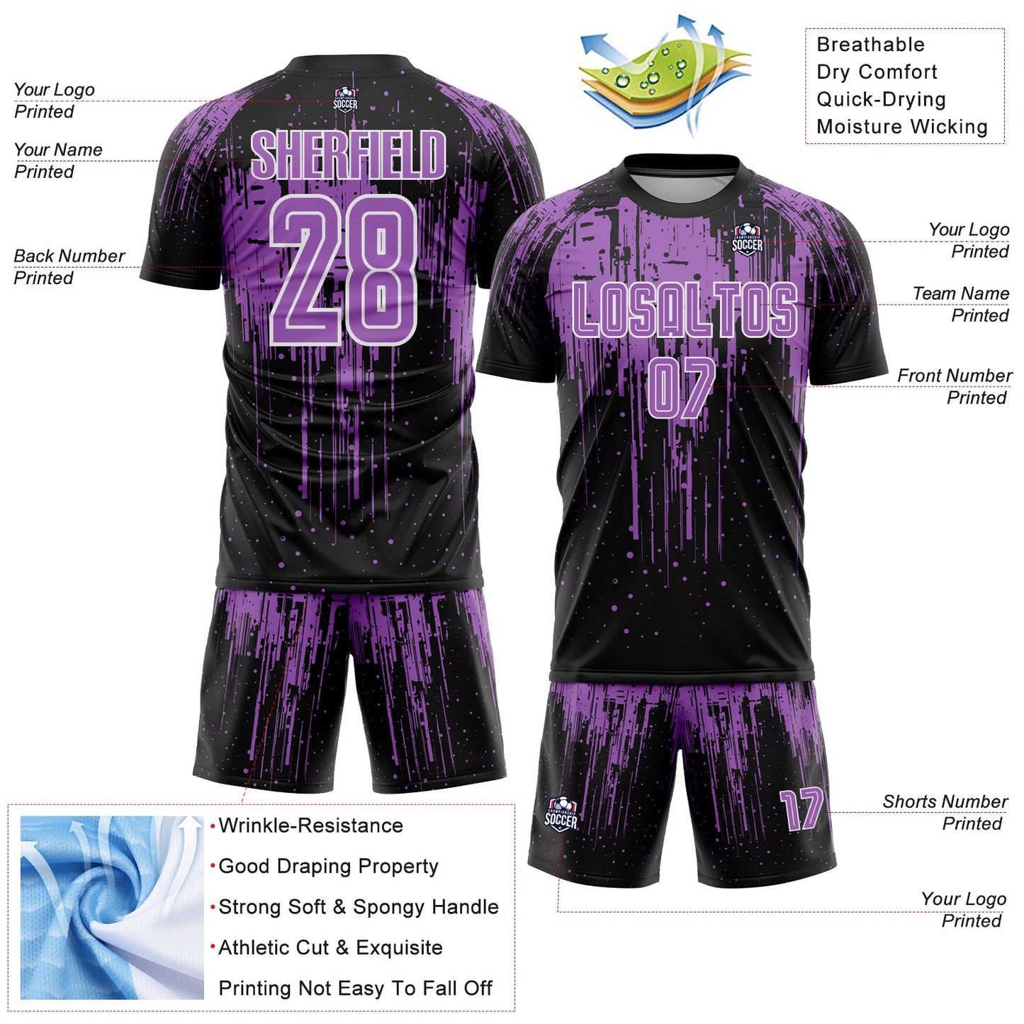 Custom Black Medium Purple-White Dripping Splatte Pattern Sports Sublimation Soccer Uniform Jersey view 4
