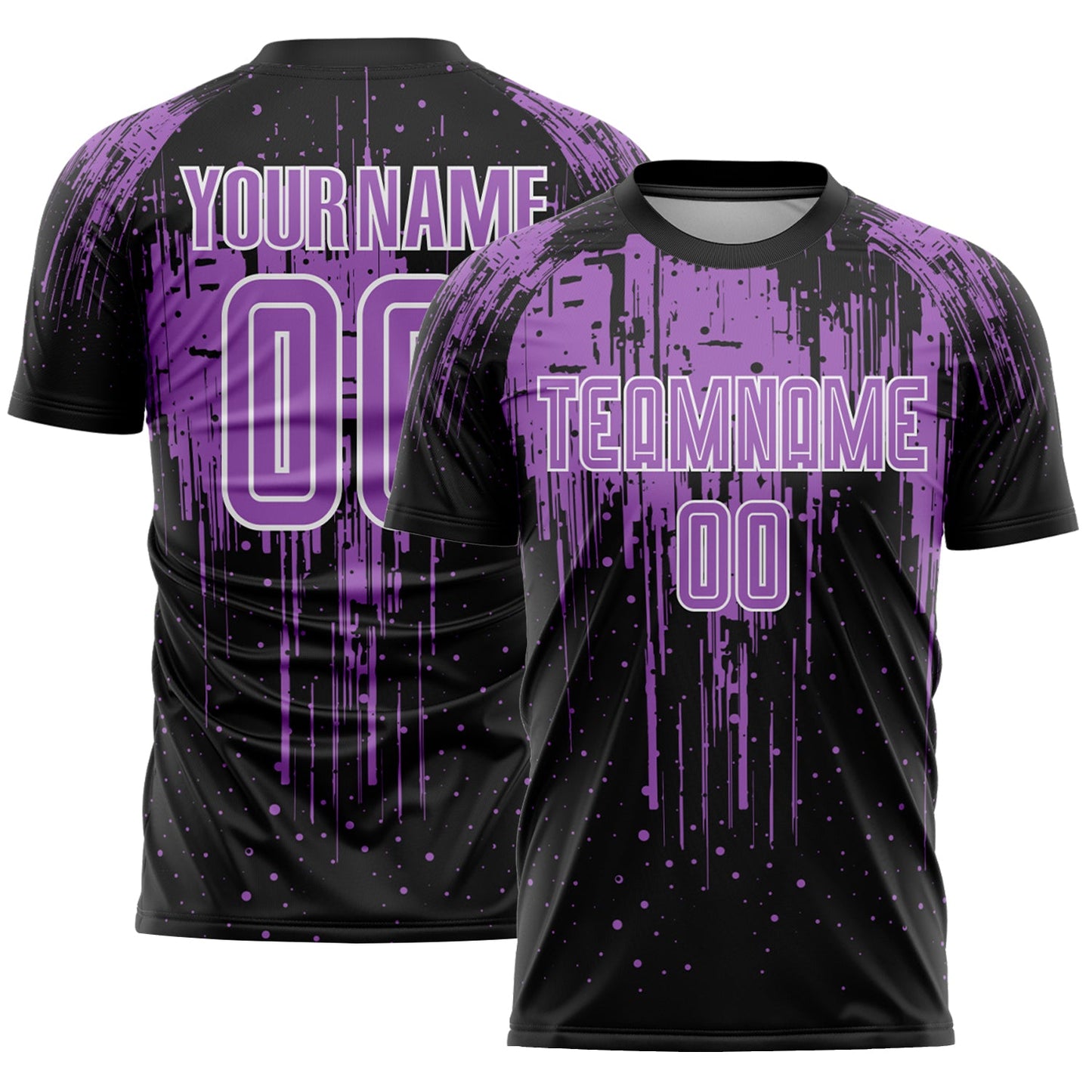 Custom Black Medium Purple-White Dripping Splatte Pattern Sports Sublimation Soccer Uniform Jersey - Main View