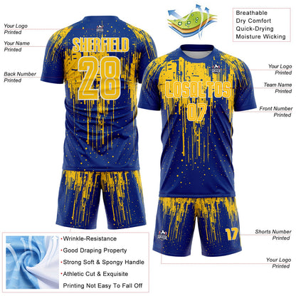 Custom Royal Yellow-White Dripping Splatte Pattern Sports Sublimation Soccer Uniform Jersey view 4