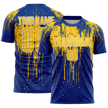 Custom Royal Yellow-White Dripping Splatte Pattern Sports Sublimation Soccer Uniform Jersey - Main View