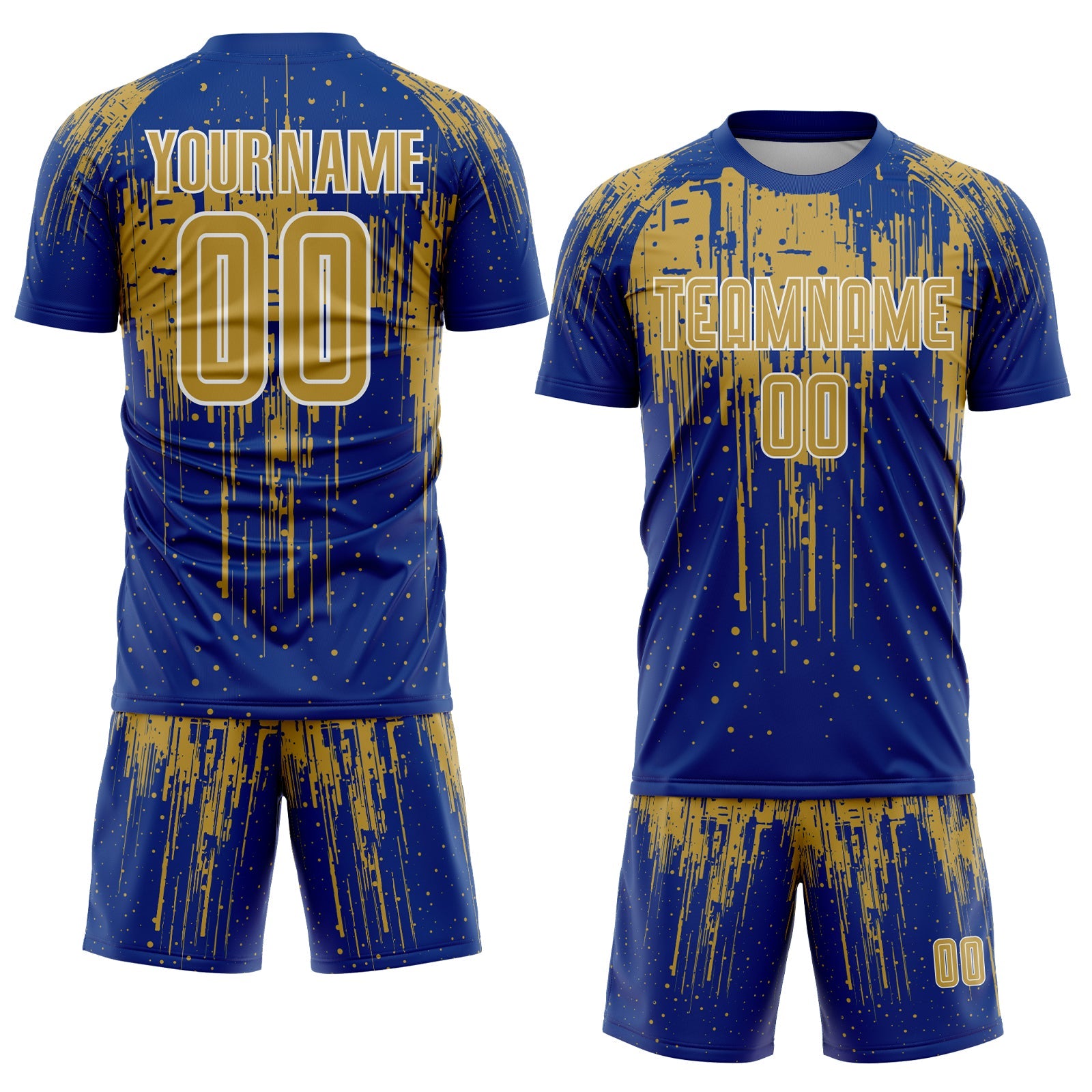 Custom Royal Old Gold-White Dripping Splatte Pattern Sports Sublimation Soccer Uniform Jersey view 2