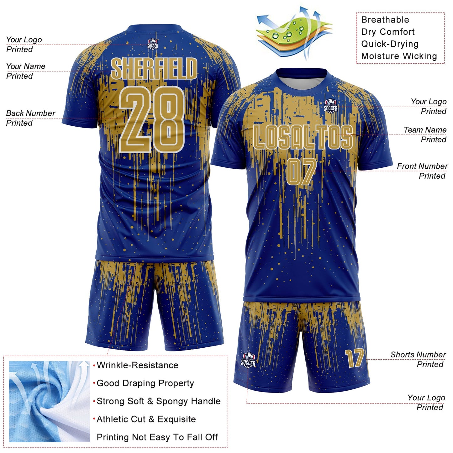 Custom Royal Old Gold-White Dripping Splatte Pattern Sports Sublimation Soccer Uniform Jersey view 4