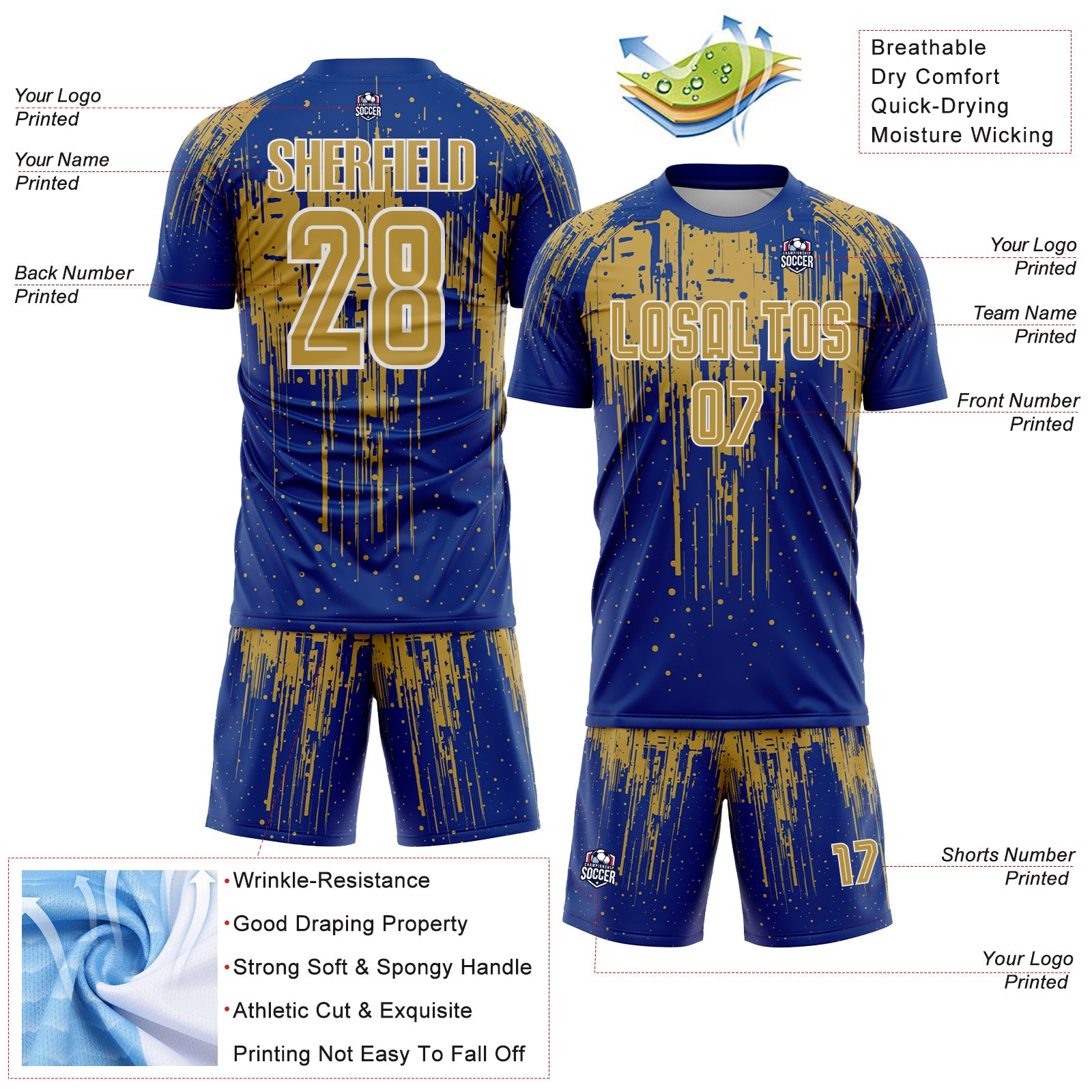 Custom Royal Old Gold-White Dripping Splatte Pattern Sports Sublimation Soccer Uniform Jersey view 4