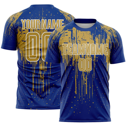 Custom Royal Old Gold-White Dripping Splatte Pattern Sports Sublimation Soccer Uniform Jersey - Main View