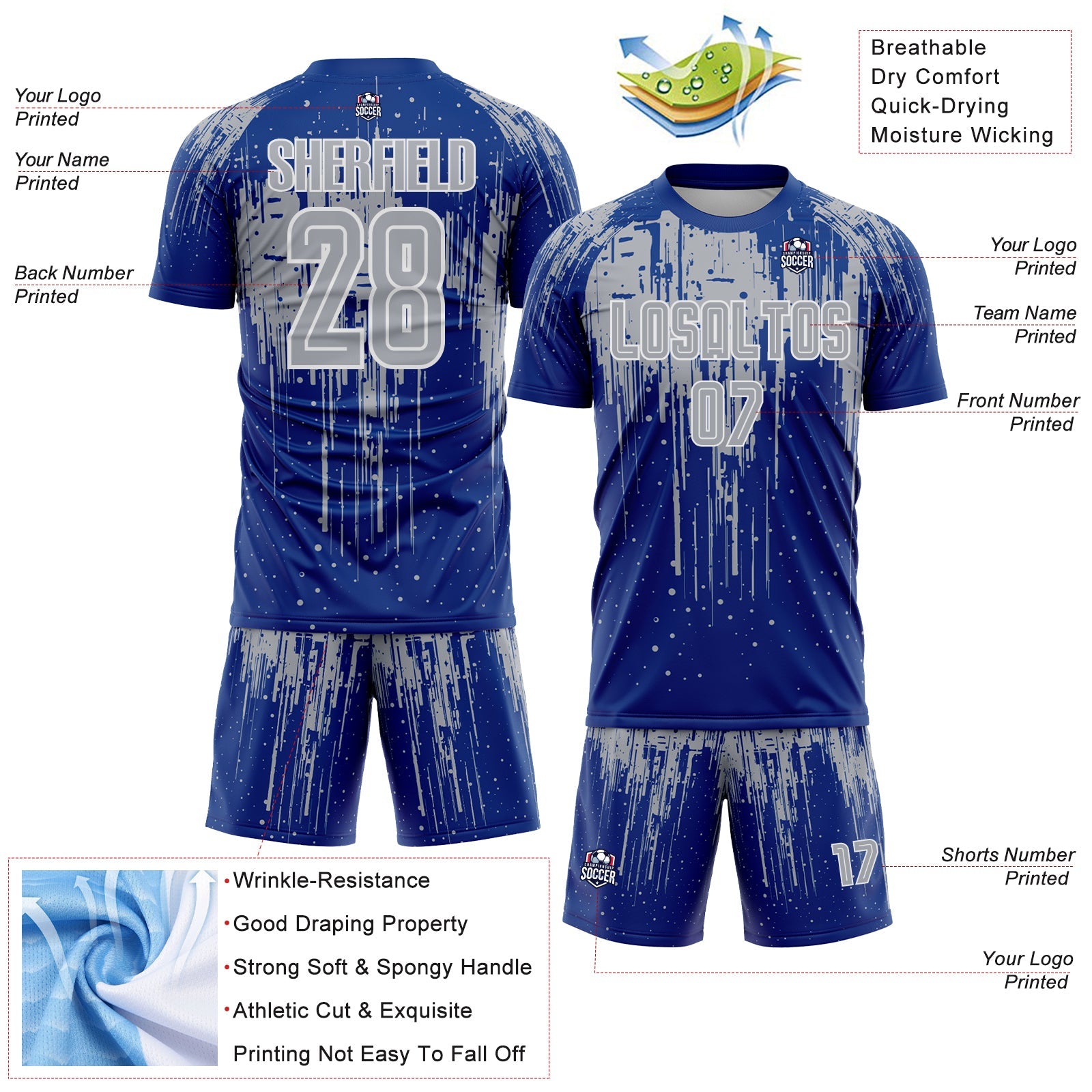 Custom Royal Gray-White Dripping Splatte Pattern Sports Sublimation Soccer Uniform Jersey view 4