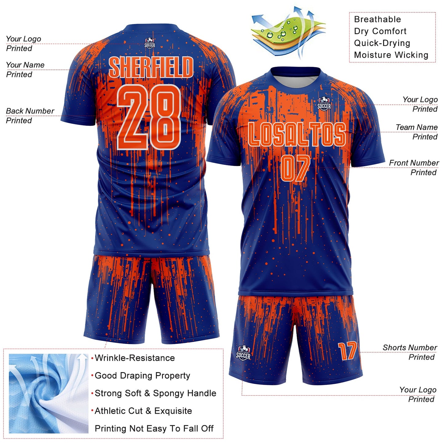 Custom Royal Orange-White Dripping Splatte Pattern Sports Sublimation Soccer Uniform Jersey view 4