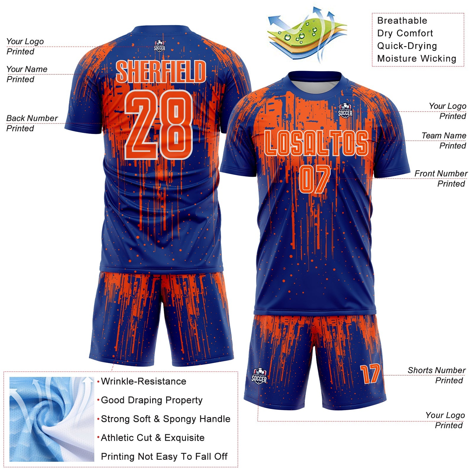Custom Royal Orange-White Dripping Splatte Pattern Sports Sublimation Soccer Uniform Jersey view 4