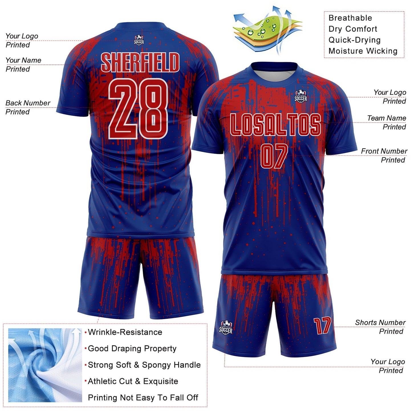 Custom Royal Red-White Dripping Splatte Pattern Sports Sublimation Soccer Uniform Jersey view 4