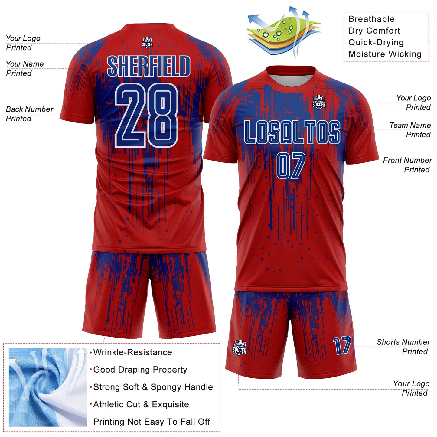 Custom Red Royal-White Dripping Splatte Pattern Sports Sublimation Soccer Uniform Jersey view 4
