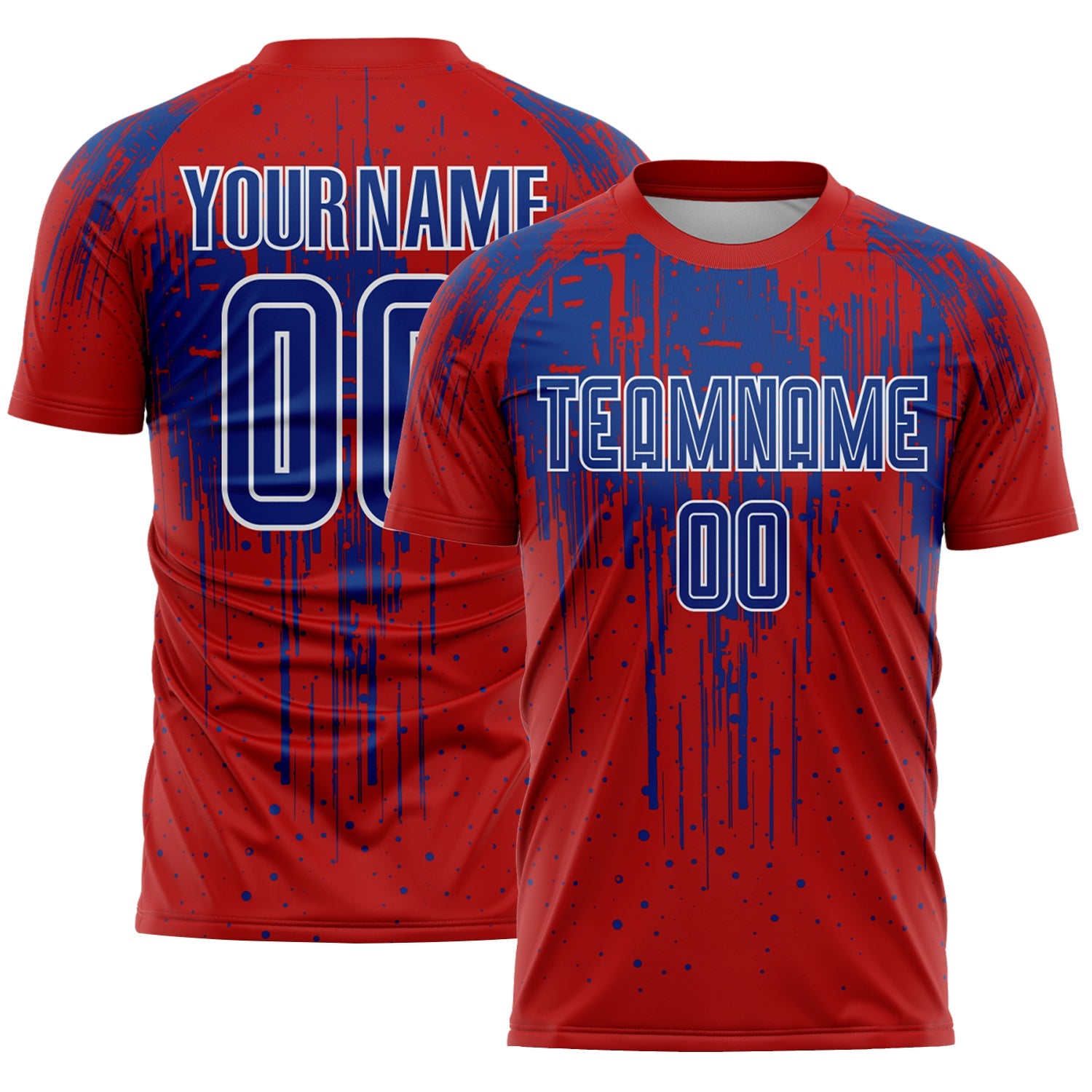 Custom Red Royal-White Dripping Splatte Pattern Sports Sublimation Soccer Uniform Jersey - Main View